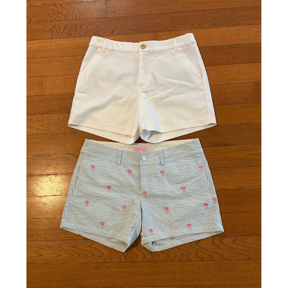 Lilly Pulitzer Shorts Bundle Size 8 White Callahan & Blue Seersucker Palm Tree